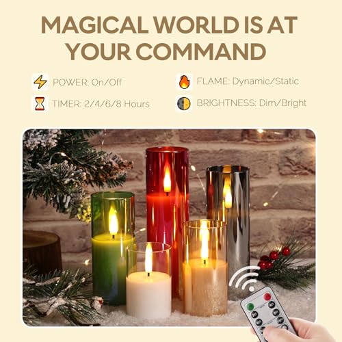 Green Glass LED Pillar Candles with Remote Batteries Set of 5