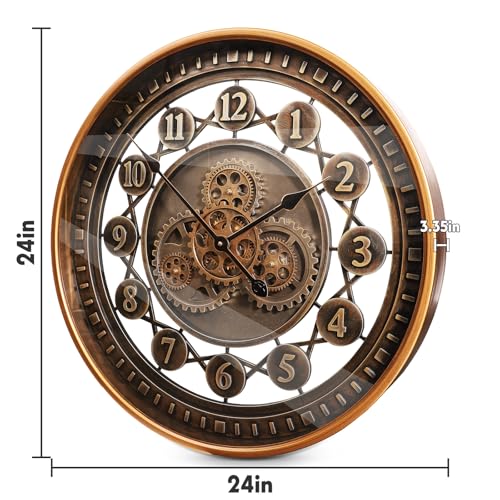24 Inch Wall Clock with Moving Gears Large Industrial Steampunk Metal Clock Antique Gold Oversized Farmhouse Decor Wall Clock for Living Room Home Office(Bronze Brown-Arabic Numerals)
