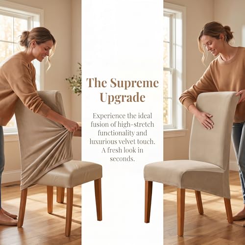 Deisy Dee Stretch XL/Oversized Extra Large Velvet Dining Room Chair Covers for Kitchen Dining，Removable Washable Chair Protectors Slipcovers (Khaki, 2)