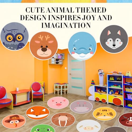 24 Pcs Carpet Circle Seats, 15 Inch Round Classroom Rug, Non Slip Corner Floor Cushion Mat, Circle Rug for Living Room, Learning, Playing Areas, Story Time, Group Activity (Animal)