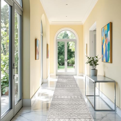 3x20 Washable Extra Long Runner:Hallway Runner Rug Geometric Grey