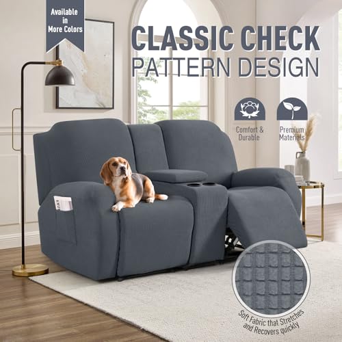 TAOCOCO Loveseat Recliner Cover with Middle Console, Stretch Loveseat Cover for 2 Seat Recliner Couch, Jacquard Reclining Sofa Covers Loveseat Slipcover Furniture Protector, Grey