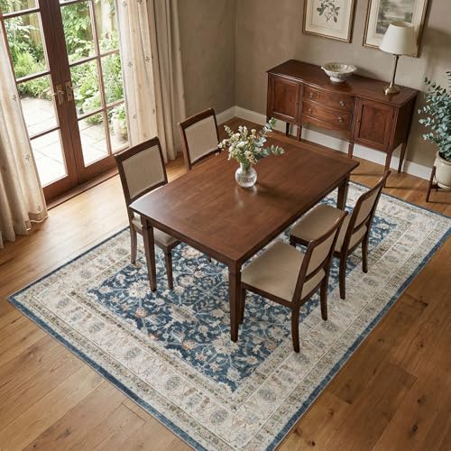 JINCHAN 6x9 Vintage Floral Area Rug, Washable Non Slip, Blue Beige