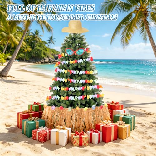Summer Hawaiian Tree Ornaments Decorations Christmas in July Straw Hat Tree Topper Tropical Garland Sunglasses for Luau Hawaiian Beach Party Supplies