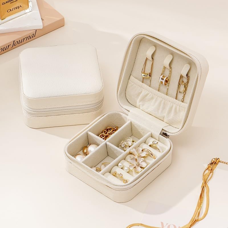 Organizer Jewelry Box - Small Travel Display Case for Girls Women Gift Rings Earrings Necklaces Storage,White
