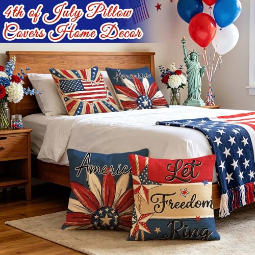 ONFAON 4th of July Freedom Throw Pillow Cover 18x18 Inch,Let Freedom Ring Stars Red White Flower Patriotic Independence Memorial Day USA Flag Cushion Case for Sofa Couch Set of 4