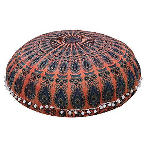 Mandala Floor Pillow Cushion Seating Throw Cover Hippie Decorative Bohemian Ottoman Poufs, Pom Pom Pillow Cases,Boho Indian (32 Inches, Orange Dye)