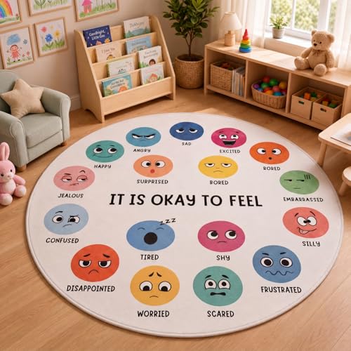 Breling 4ft Round Calming Corner Classroom Rug Feelings Chart Emotion Mat for Kids Large Soft Washable Non Slip Sensory Carpet for Reading Nook Preschool Homeschool Playroom Sel Learning Area