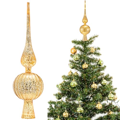 Gejoy Mercury Glass Finial Christmas Tree Topper 12 Inches Vintage Spherical Xmas Tree Topper Mid Century Christmas Ornament for Home Xmas Holiday Party Decorations(Golden)