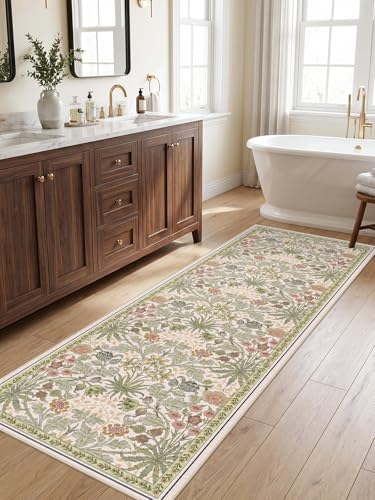 2x6 Non-Slip Runner Rug for Kitchen: Machine Washable Floral Boho Carpet Runners for Bathroom Botanical Indoor Mats for Bedroom Hallway Entryway Laundry - 6ft Low Pile Soft Rugs 2x6 Beige
