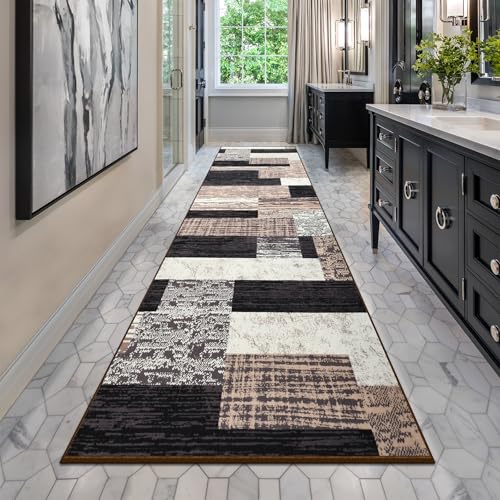 Indoor Washable Runner Rug with Rubber Backing, Modern Geometric Patchwork