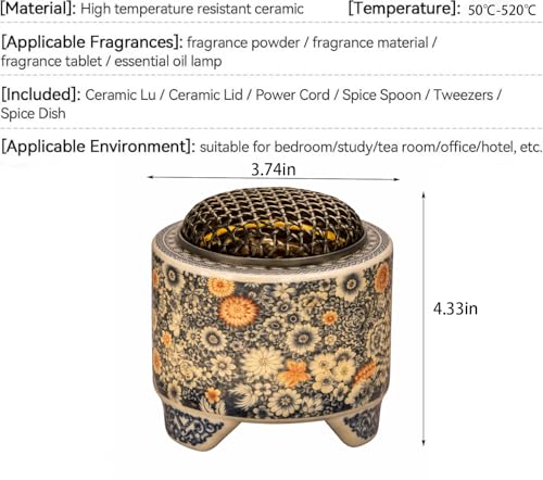 Ceramic Holder Electric Incense Burner Blue & White Porcelain Built-in LED Lights Simulate Flames, Classical, Elegant and High-end Top Hollow Design