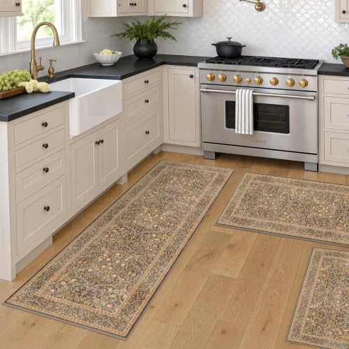 JTJ Taupe Brown Kitchen Rug Set of 3, Washable Non Slip Mats with Runner