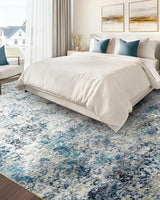 Washable Area Rug for Living Room: 9x12 Modern Abstract Neutral Soft Rug for Bedroom Dining Room No Slip Low Pile Carpet for Nursery Home Office - Grey/Blue