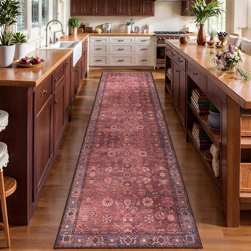 Tangsoo 2.6x12 Long Runner Rug for Hallway Non Slip,Washable Rust Red Rug