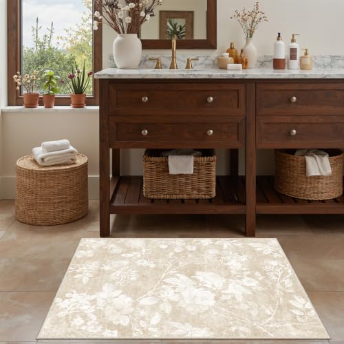 Soalmost Floral Washable Rugs 2x3, Soft Neutral Doormat for Entryway Beige