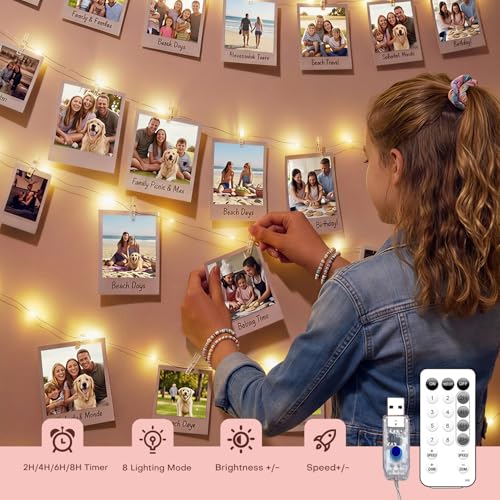 Teen Girl Gifts Trendy Stuff: Aesthetic 40Ft 120LED Hanging Picture Fairy Lights with 50 Clips - 8 Modes & Timer, Waterproof - Trendy Teenager Girl Gift for Birthday Christmas, Dorm Bedroom Wall Décor