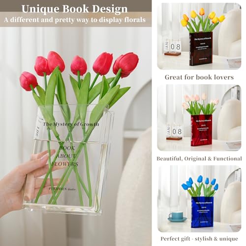 Puransen Clear Book Flower Vase - Floral Bookshelf Decor, Acrylic Flower Holder & Space-Saving Organizer, Modern Home Office/Study Desk Minimalist Aesthetic (Not Including Flowers)