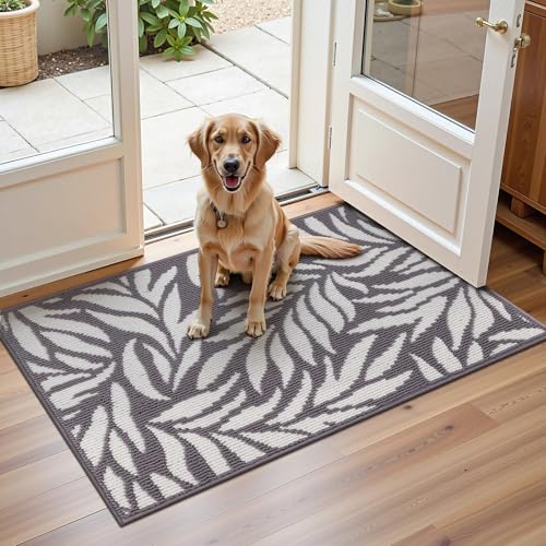 Indoor Door Mat 2x3ft, Absorbent Dog Muddy Paws Mats, Low-Profile Leaves Entrance Runner Carpet with Non-Slip Rubber Backing, Washable Inside Welcome Mat for Hallway,Entryway,Kitchen(Grey)