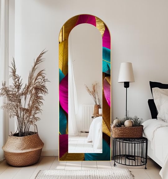 23,5’’W x 67’’H Obsidian Echo – Black Marble Texture Floor Mirror Full Lenght Mirror - Arched Full Lenght Mirror - Arch Full Body Stained Floor Mirror with Black Frame