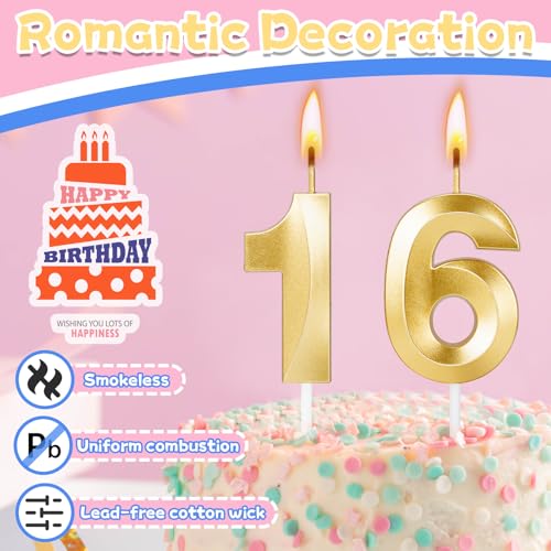 16 Birthday Candles,16th Birthday Decorations for Girls Boys,Sweet 16 Cake Topper Party Decorations,Number Candles for Birthday Cakes