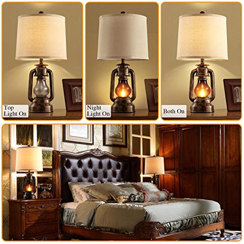 Farmhouse Lantern Table Lamps for Living Room Set of 2, Vintage Bedroom Resin Lamp with Dual USB Charging Ports, Rustic Retro Bedside Nightstand Desk Lamp, 4 Bulb Included