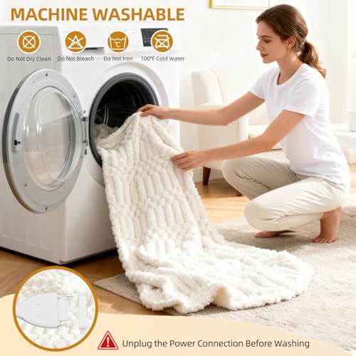 Eastsora Heated Blanket Flannel Blanket Throw, 50"X 60"Electric Heating Blanket with ETL & FCC & 12 Heating Levels & Auto Shut Off，Machine Washable (White)