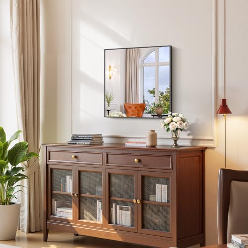 YIROMAN Bathroom Mirror 24"x24", Matte Black Bathroom Mirror for Over Sink with Aluminum Frame, Square Vanity Mirror with Right Angle, Wall Mirror Hangs Horizontal or Vertical