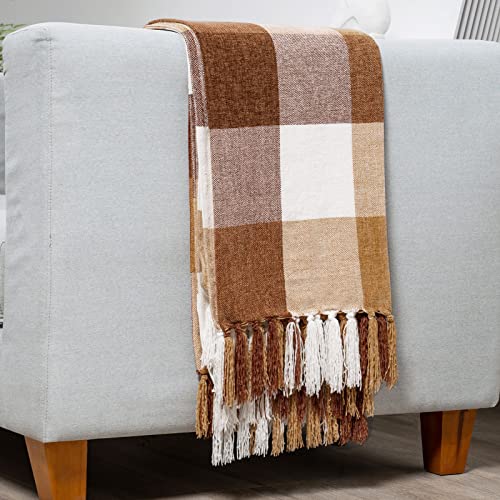RECYCO Buffalo Plaid Chenille Throw Blanket, 50"x60", Brown Off White