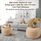 Briwooody 2 Pcs Handmade Round Jute Low Pouf Ottoman - Braided Floor Seating Cushion, 16" x 16" x 8" Natural Fiber Foot Rest Stool, Boho Decor for Living Room, Bedroom, and Patio