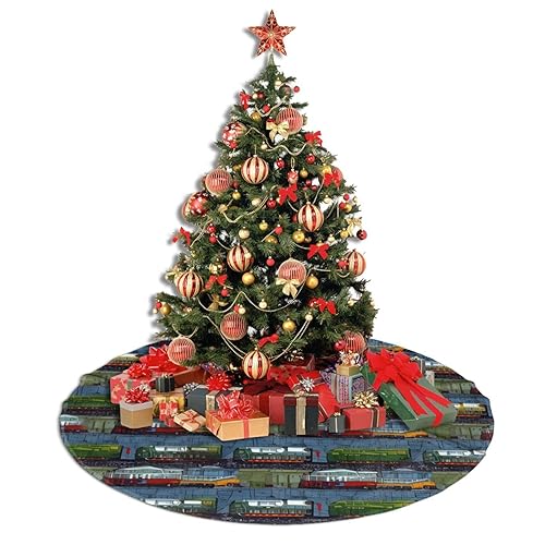 Train Cars Print Christmas Tree Skirt Plush Soft Xmas Tree Mat Christmas Decoration for New Year Holiday Xmas 30"