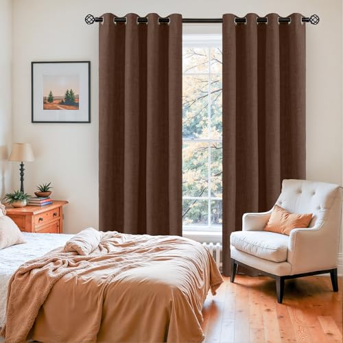 YoungsTex Brown Linen Blackout Curtains 84 Inches Long for Living Room, Dark Chocolate Thermal Insulated Drapes with Grommet Room Darkening Privacy for Bedroom 2 Panels, 52 X 84 Inch
