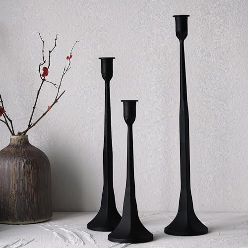 Iron Taper Candle Holder Set of 3, Black Candlestick Holders Decorative Candle Stand, Tapered Candle Holders Tall Set for Wedding, Dining Table, Home Decoration (Black)