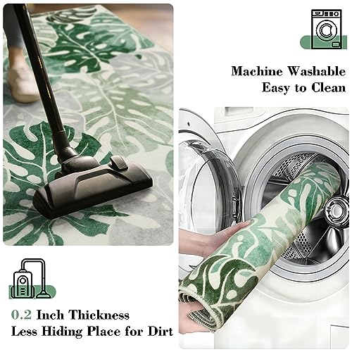 Wonnitar Monstera 3x5 Washable Rug, Sage Green Leaf Area Rugs for Bedroom, Non-Slip Living Room Entry Throw Mat, Low Pile Faux Wool Indoor Carpet for Kitchen Bathroom Office