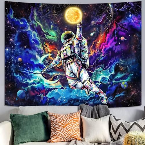 kampdream Blacklight Astronaut Space Tapestry, UV Reactive Galaxy Universe Planet Glow in Dark Tapestries for Men, Boys and Teens Cool Poster 36×48 inch