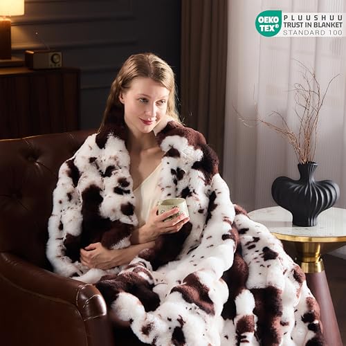 Faux Fur Throw Blanket for Couch, Fluffy Fuzzy Plush Bubble Blanket, Soft Warm Cozy Shaggy Rabbit Blanket, Luxury Decorative Gifts for Sofa Bedroom Living Room, 60x50inch (Cow Print-Brown)