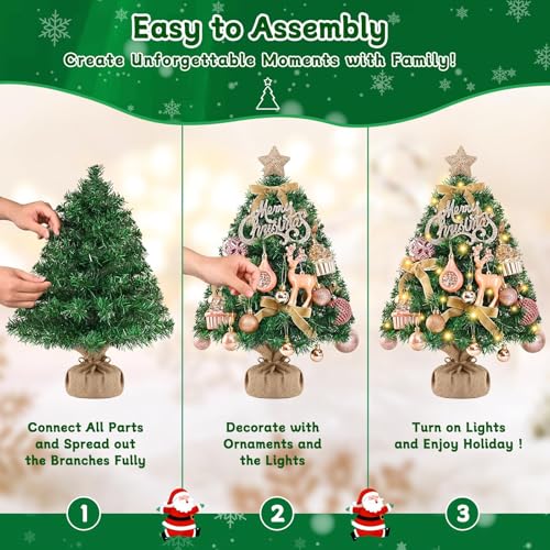 Livole 2 FT Small Christmas Tree, Mini Christmas Tree with Lights, Mini Tabletop Full Xmas Trees with 35 PCS Pink Ornaments, Merry Christmas, Xmas Tree for Table DIY Christmas Decor