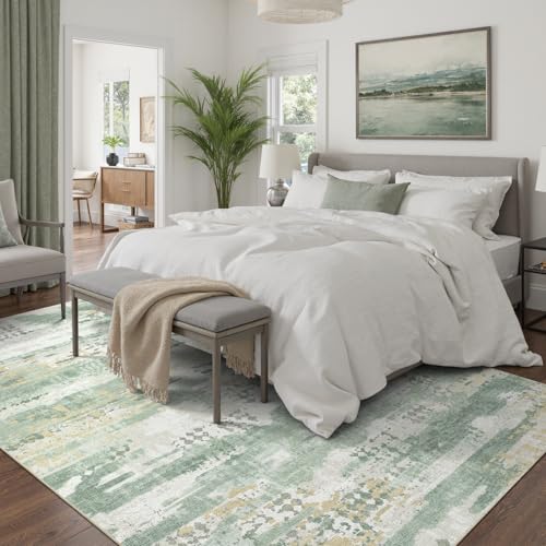 DCX Abstract Area Rug 5x7, Washable Sage Green Modern Rug for Living Room, Kid & Pet Friendly with Rubber Back Non Slip, Soft Low Pile Carpet, Stain Resistant Rug for Bedroom, Office, Dining Room