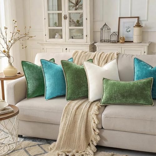 decorUhome Fall Chenille Soft Cozy Throw Pillow Covers 18x18 Set of 2, Modern Farmhouse Boho Velvet Decorative Pillow Cases with Stitched Edge for Couch Sofa Bed Home Decor, Forest Green