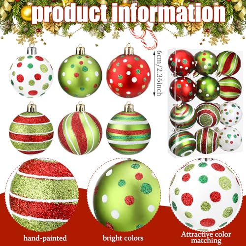 Liliful 12 Pcs 2.4 Inch Christmas Ball Ornaments Glittering Plastic Hanging Decorations Elf Balls Swirl Candy Cane Peppermint Red and Green Christmas Tree Pendants for Xmas Tree Decoration