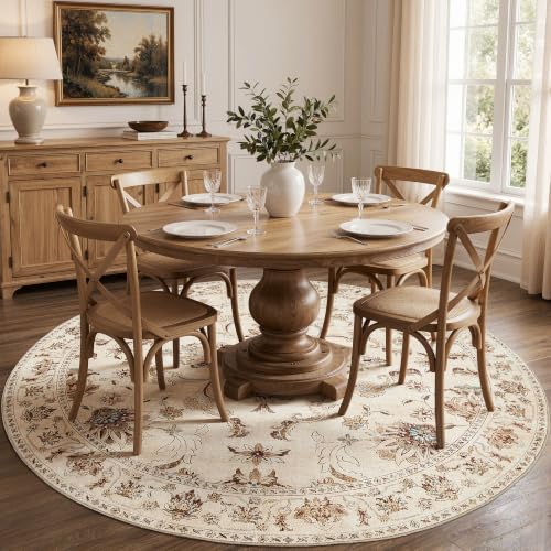 JINCHAN 8ft Traditional Floral Round Rug, Washable Rug, Oatmeal Rust