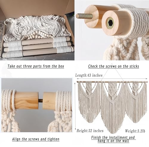 oiikain Large Handmade Boho Macrame Wall Hanging Tapestry - Chic Bohemian Woven Home Decor art for Living Room, Bedroom, and Wedding Parties (Beige, twelve rhombus)