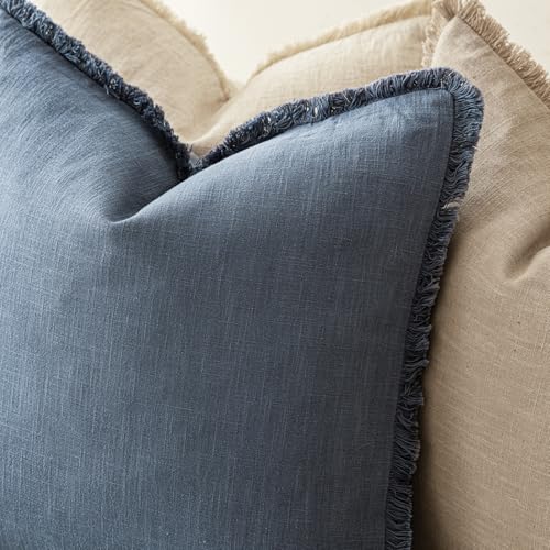 Foindtower Decorative Linen Fringe Throw Pillow Covers 26×26 Inch,Dark Blue