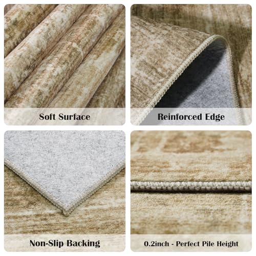 3x6 Washable Kitchen Runner Rug: Abstract Soft Neutral Carpet TanBrown