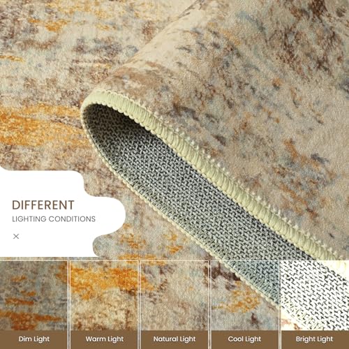 Living Room Rug 8x10 Beige Area Rugs Machine Washable Abstract Boho Large Carpet Non-Slip Non-Shedding Faux Wool Indoor Vintage Rug for Bedroom, Classroom, Dining Room, Kids Playroom