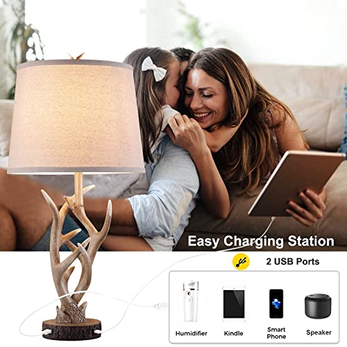 Rustic Western Table Lamp Set of 2, 26" Farmhouse Bedside Lamp for Bedroom with 2 USB Ports, Natural Antler Table Lamp for Living Room Foyer Study Office (Rustic)