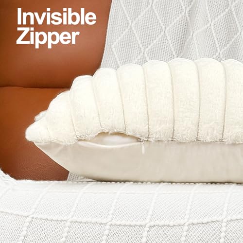 18x18 Throw Pillow Covers Set of 2, Decorative Faux Fur Covers for Bed, Couch Soft Fluffy Pillow Cover with Velvet Back for Living Room, Neutral Home Décor Accent for Sofa - Cream White