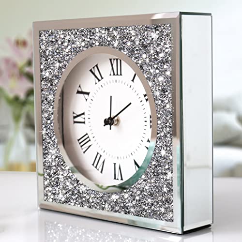 Desk Small Clocks 8x8x2 Inch Crystal Sparkle Twinkle Bling Square Crushed Diamond Mirrored Table Top Decorative Clock for Home Decoration Silver Mirror Home Decor. AA Battery is not included.