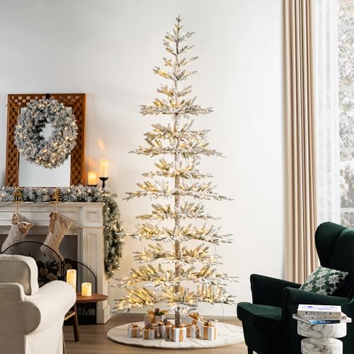 Glitzhome 9ft Pre-Lit Flocked Slim Artificial Christmas Tree with 650 Warm White LEDs, Realistic PE Needles Hinged Design for Modern Home Holiday Decor
