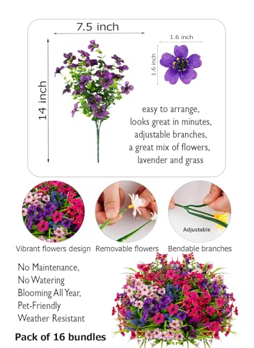 AXYLEX Artificial Flowers Outdoor Shrubs - 16 Bundles Fake Plants UV Resistant No Fade Faux Plastic Greenery Home Garden Porch Patio Decoration Office Indoor (1, Multi-16pcs)